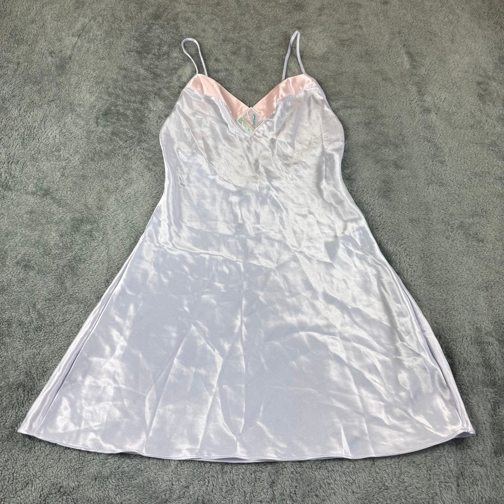 Val Mode Lingerie Vintage Blue Satin Nightgown Pink Trim Chemise Small USA